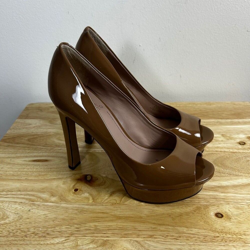 Vince Camuto Bette Platform Pumps Womens 6.5M Brown Patent Leather Peep Toe Heel